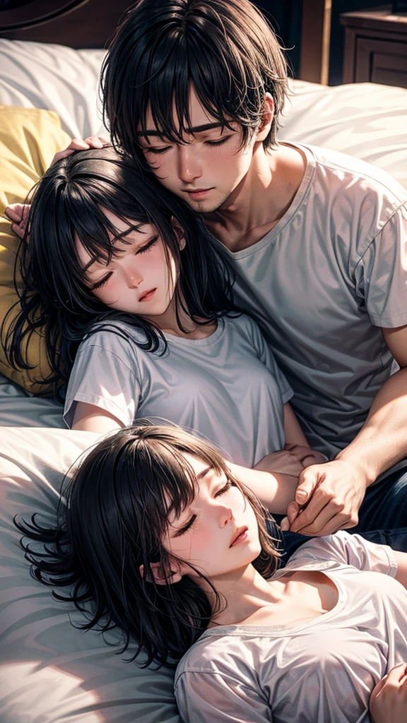 A couple sleeping at home, short clothes, night, detailed facial features, sleeping couple, indoor scene