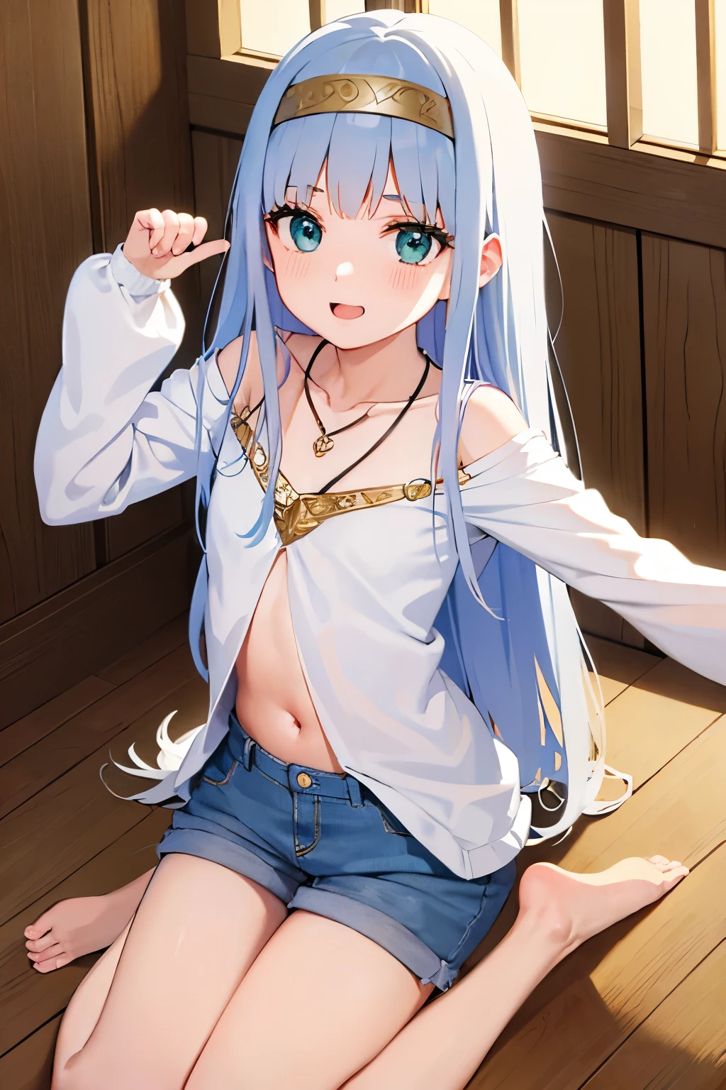 anime girl with long white hair and blue eyes posing in a hallway, seductive anime girl, small curvy loli, perfect white haired girl, attractive anime girl, beautiful anime girl, cute anime girl, girl with white hair, smooth anime cg art, pretty anime girl, anime style 4 k, anime best girl, anime girl, 4k anime wallpaper, topless, denim pants, small breasts, nipples, masterpiece