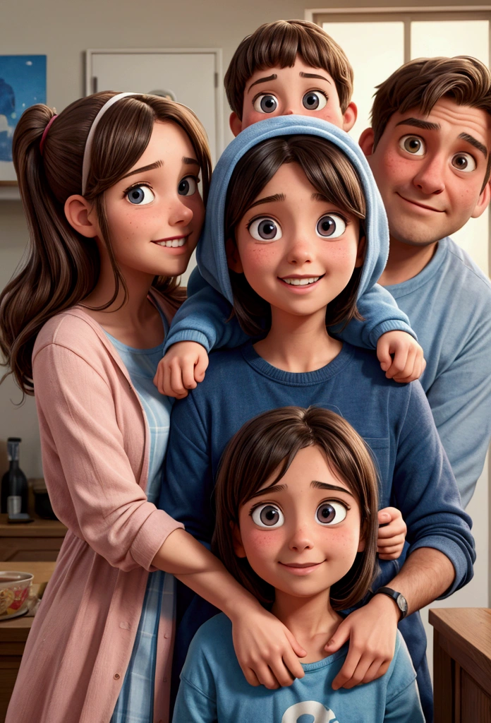 At home a happy family. 1-The mother covered head in front, 2-The father with the girl and a teenage girl behind. extremely detailed, full colors, saturated, sharp, pixar