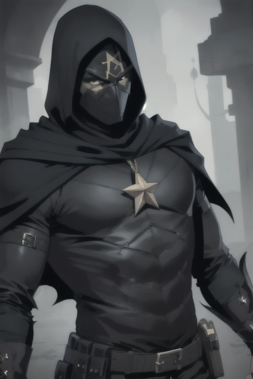 ((best quality)), ((artwork)), ((detailed)), man, with mask, dark vigilante outfit, star on the chest,