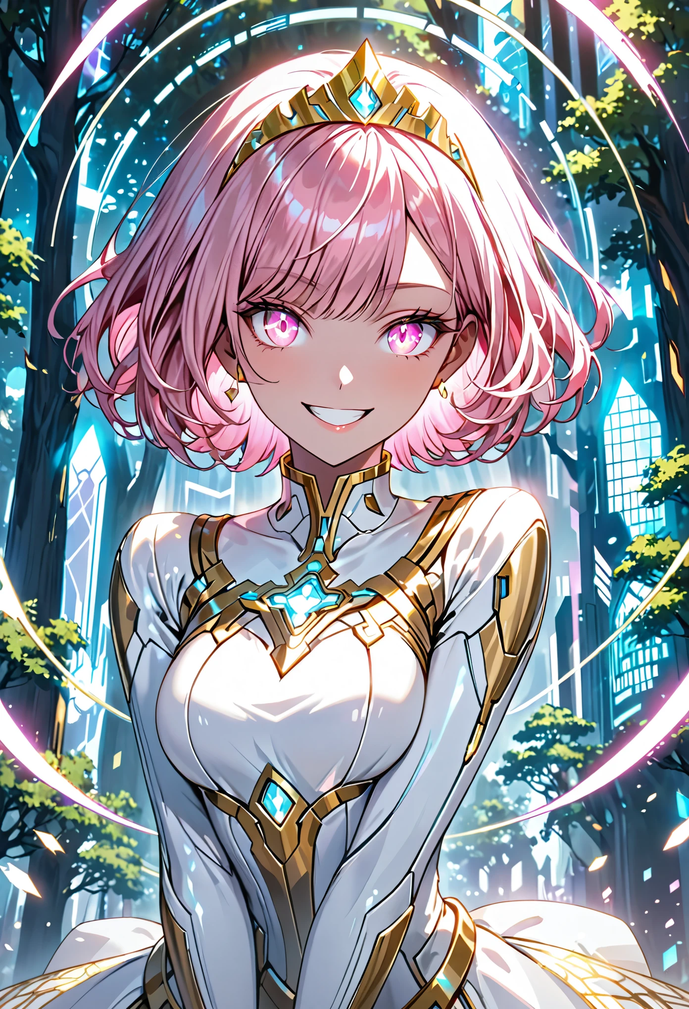 virtual woman, short pink hair, glowing hair, glowing eye:0.5, svelte, white chiton, v arms, leaning forward, wide smile, gleaming eyes, gold tiara, hologram, futuristic, happy, arcology, trees