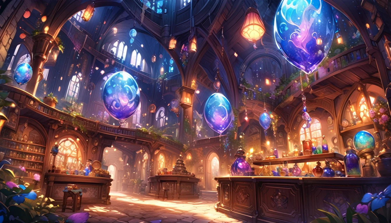 Magic Potion Shop、A large flask filled with magical liquid、magic object、Mysterious atmosphere、Warm lighting、Detailed fantasy art、Very detailed、Bright colors、Fantasy setting、Whimsical and fantastical。