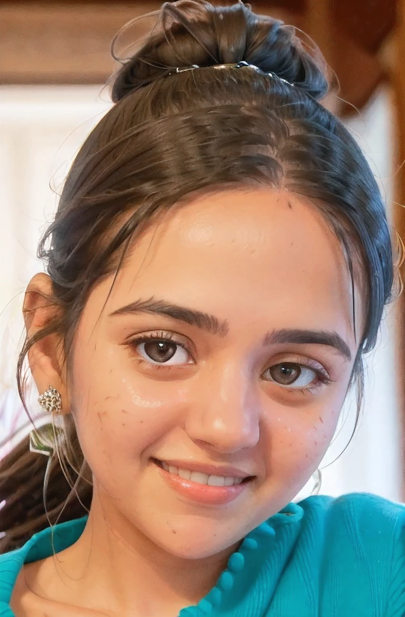 (Emily01), RAW photo, a close up portrait, elguru, 15yo, brown_hair, eyelashes, forehead, hair_bun, hair_pulled_back, lips, looking_at_viewer, ponytail, blue_eyes, lips, nude, topless, small , photo_\(medium\), photorealistic, realistic, smile, solo, (high detailed skin:1.2), 8k uhd, dslr, cinematic lighting, high quality, film grain, Fujifilm XT3,