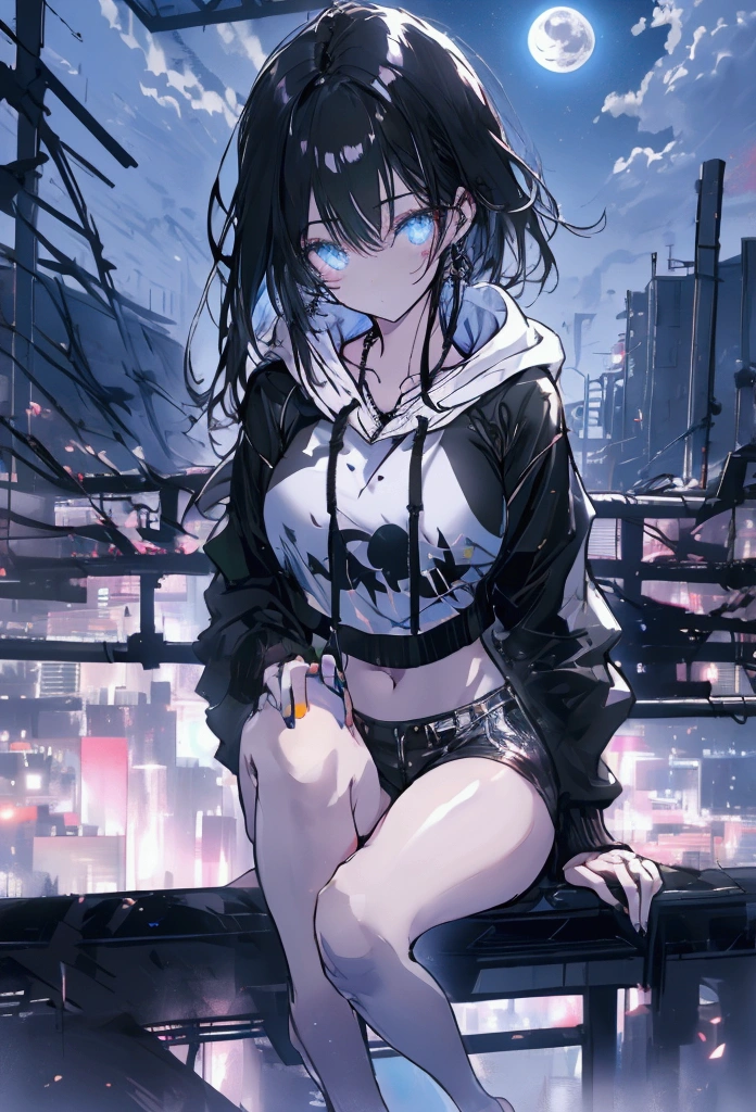 Using a laptop、Beautiful Face、Beautiful legs、Black Hair、full moon,neon.hoodie,Sitting、IT Engineer、Building district、Landscape、rooftop,`Dangling legs、Shibuya