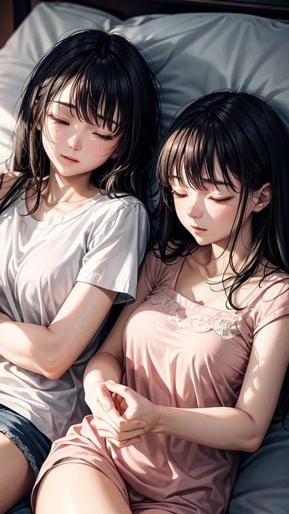 A couple sleeping at home, short clothes, night, detailed facial features, sleeping couple, indoor scene