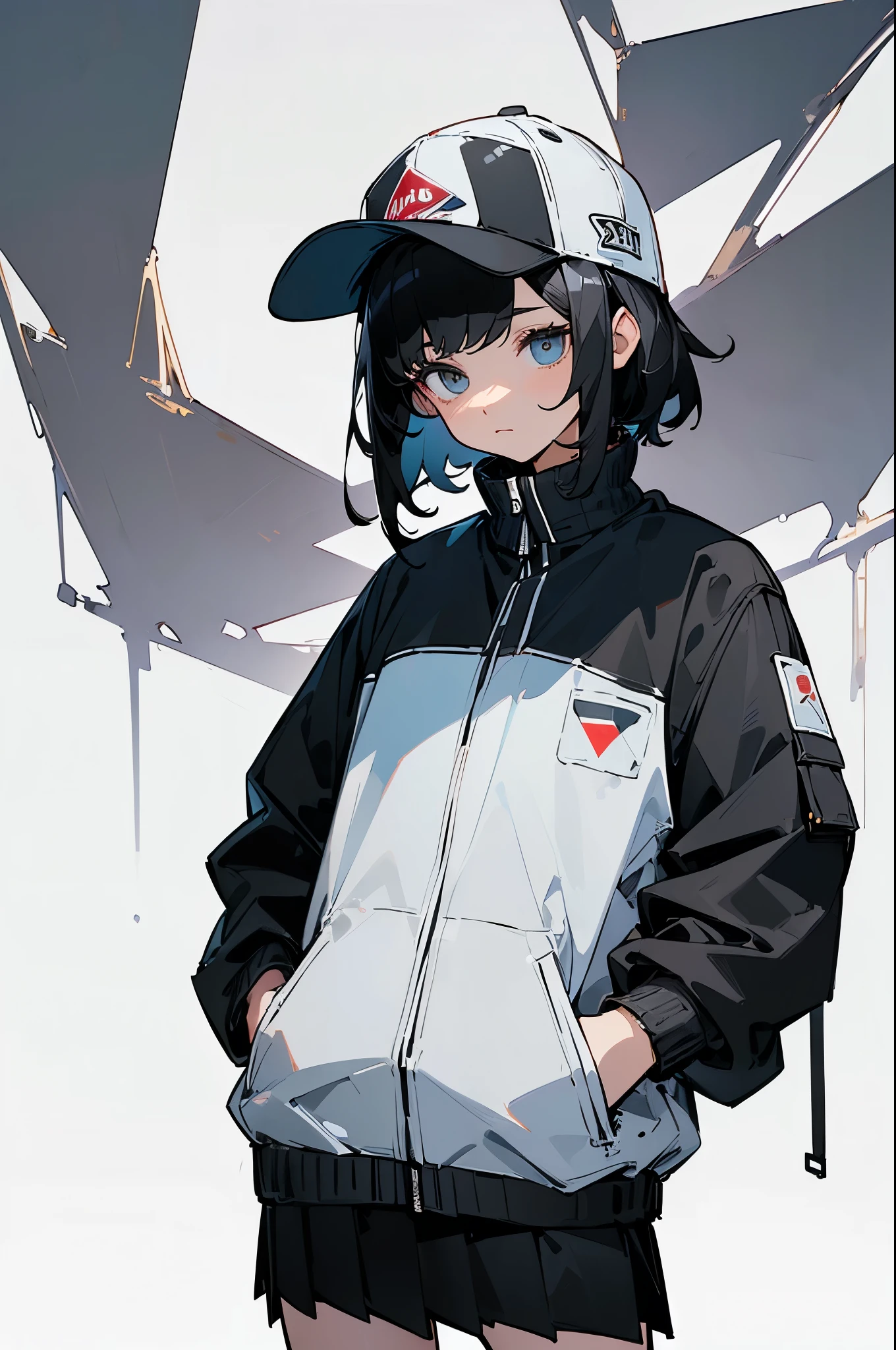 (((masterpiece, illustration, best quality))), 1girl, solo, (looking down:1.3), short hair, ((black hair)), standing, ((baseball cap)), white headwear, upper body, black jacket, Closed sweater, ((Scenenary:white background)), black socks, (black shirt), perfect body, fit body, (closed mouth), , (hands in pockets), waterproof jacket, skirt white