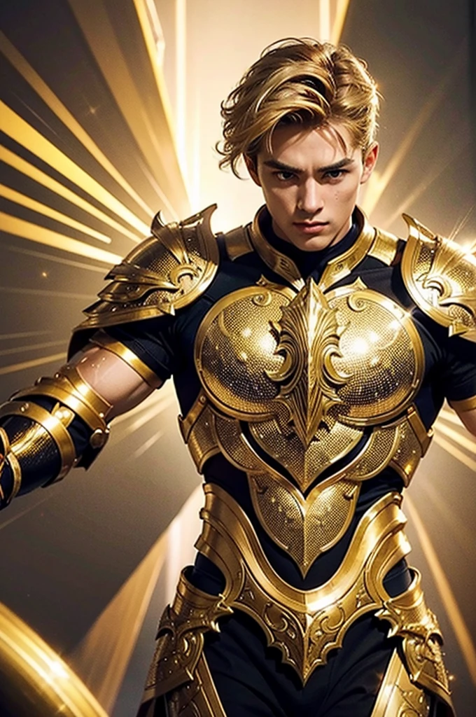 A strong, muscular man with short, radiant golden hair and freckles, dressed in intricate, shimmering white and gold armor that gleams with a celestial glow. His armor is adorned with patterns that resemble beams of light and subtle star-like sparkles. His underarms are smooth and meticulously shaved, adding to his refined appearance. In battle, he wields light magic, with radiant beams of pure light illuminating the entire scene, creating a dramatic and ethereal atmosphere. He commands the light with powerful, sweeping gestures, his eyes glowing with a brilliant, intense luminosity that showcases his mastery over the element. The background is bathed in a divine, golden light, enhancing the sense of purity and energy. The image is rendered in a photorealistic, hyper-realistic 8k style, with studio lighting. His combat pose is dynamic and elegant, making the image both majestic and cinematic, with intense colors, vibrant HDR, and dramatic chiaroscuro lighting that highlights the radiant energy and motion of the light.