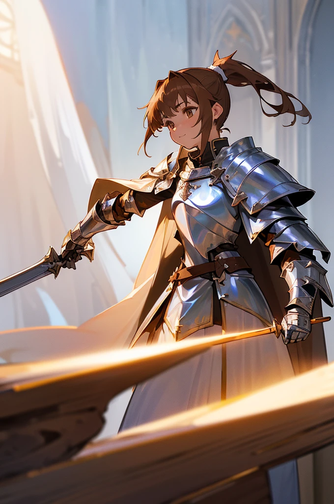 asuna, asuna_(sao), (1girl,solo) ,fantasy, highres, 19 yo, original, (wear in a sheath on waist:1.3), smile, (white knight wizard long cape:1.55), short hair, medium breasts, looking at viewer, bangs ,detailed hazel brown eyes, beautiful background, ((morning sun,Western-style private room)), hands on the chest,(brown hair,short ponytail:1.5), (platinum knight wizard full armor:1.55),short hair, standing,straight-on, abec,(full body:1.1), white thighhighs,(abec:1.4),upper body, cowboy shot