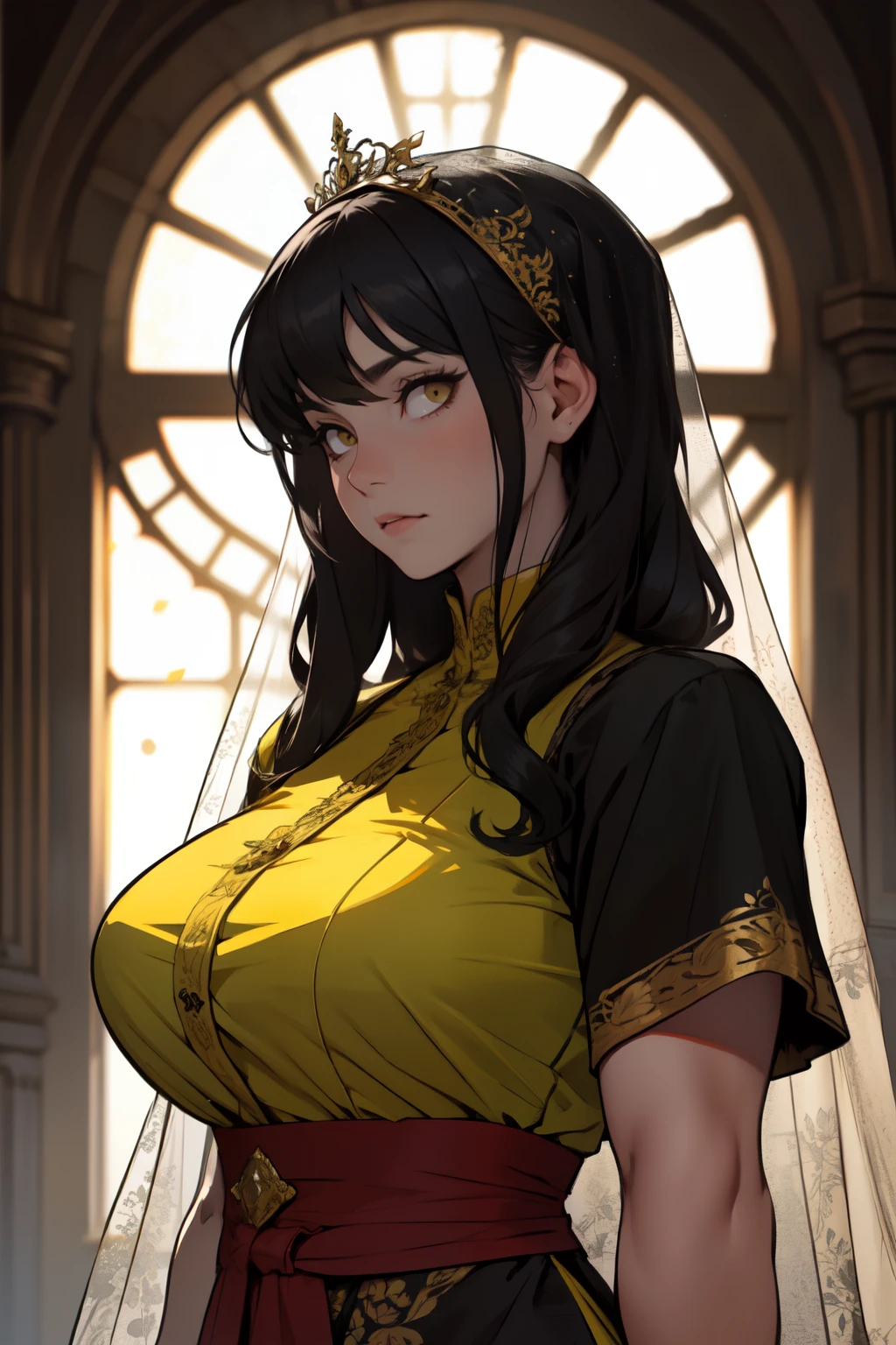 sad girl dark atmosphere veil black hair yellow eyes pale skin muscular girl huge breasts traditional clothes lace fabric gloomy veil