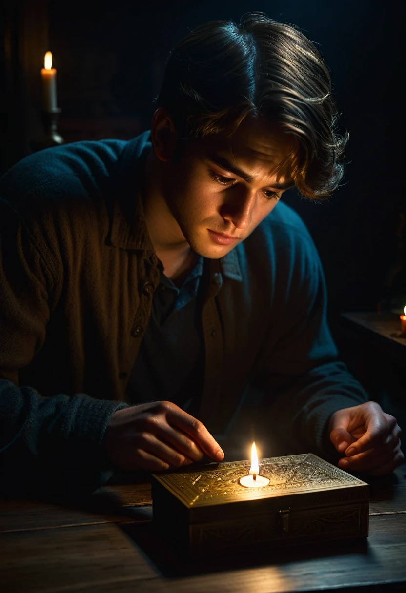 a young adult hunched over a table in a dark room,lit by flickering candles,examining a mysterious box in his hands,highly detailed,photorealistic,dramatic lighting,chiaroscuro,moody atmosphere,intricate details,cinematic composition,intricate shadows,realistic textures,subdued color palette,dramatic contrast