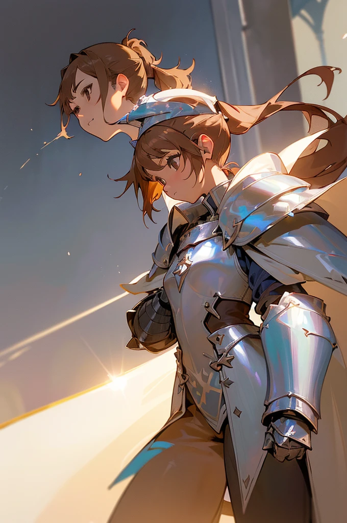 asuna, asuna_(sao), (1girl,solo) ,fantasy, highres, 19 yo, original, (wear in a sheath on waist:1.3), smile, (white knight wizard long cape:1.55), short hair, medium breasts, looking at viewer, bangs ,detailed hazel brown eyes, beautiful background, ((morning sun,Western-style private room)), hands on the chest,(brown hair,short ponytail:1.5), (platinum knight wizard full armor:1.55),short hair, standing,straight-on, abec,(full body:1.1), white thighhighs,(abec:1.4),upper body, cowboy shot, kinda close up