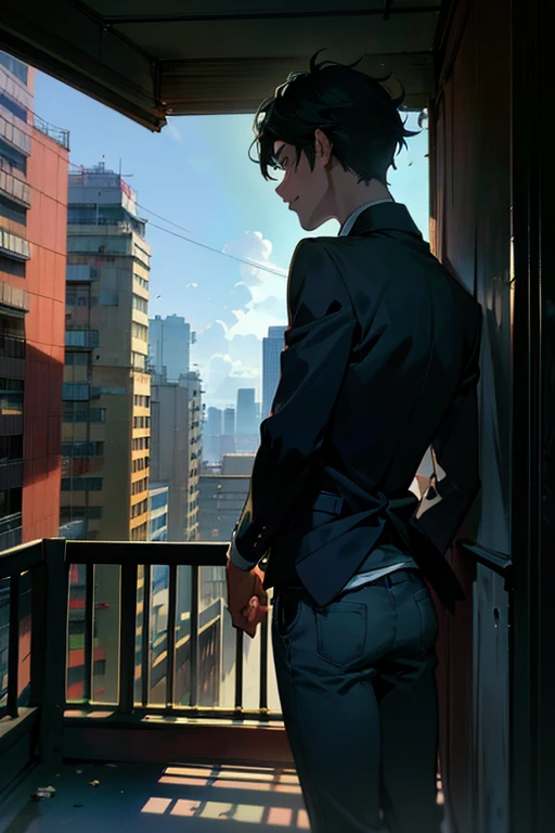 (best quality,ultra-detailed,realistic:1.37), humor,comic style,bold lines,high rise residential building, with wide angle lens, The room was bare, with no furniture or luggage, and the balcony had a balcony with silhouettes of buildings in the Shinjuku subcenter in the distance, and the afternoon sun was shining in through the windows. The room was bare, with no furniture or luggage, and the balcony had a balcony with silhouettes of buildings in the Shinjuku subcenter in the distance, and the afternoon sun was shining in through the windows. Two young men are smoking cigarettes and one is hugging the other from behind , humor,comic style,bold lines,Two young mens are smoking cigarettes and one is hugging the other from behind,modern gay romance, comic style,bold lines,playful colors,vibrant colors, soft lighting, depth of emotions, tender gazes, longing for connection, raw and honest, LGBTQ+ representation, urban setting, authentic expressions, compelling storytelling, dramatic composition,