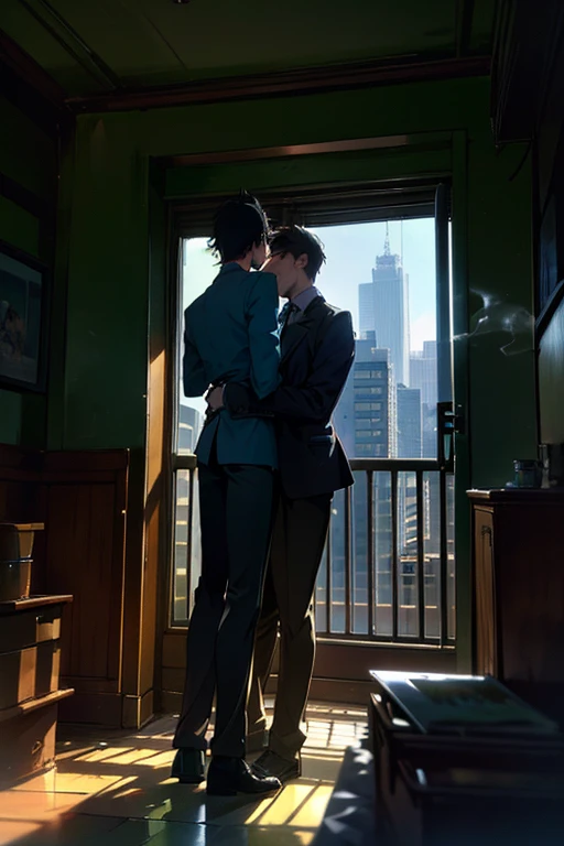 (best quality,ultra-detailed,realistic:1.37), humor,comic style,bold lines,high rise residential building, with wide angle lens, The room was bare, with no furniture or luggage, and the balcony had a balcony with silhouettes of buildings in the Shinjuku subcenter in the distance, and the afternoon sun was shining in through the windows. The room was bare, with no furniture or luggage, and the balcony had a balcony with silhouettes of buildings in the Shinjuku subcenter in the distance, and the afternoon sun was shining in through the windows. Two young men are smoking cigarettes and one is hugging the other from behind , humor,comic style,bold lines,Two young mens are smoking cigarettes and one is hugging the other from behind,modern gay romance, comic style,bold lines,playful colors,vibrant colors, soft lighting, depth of emotions, tender gazes, longing for connection, raw and honest, LGBTQ+ representation, urban setting, authentic expressions, compelling storytelling, dramatic composition,