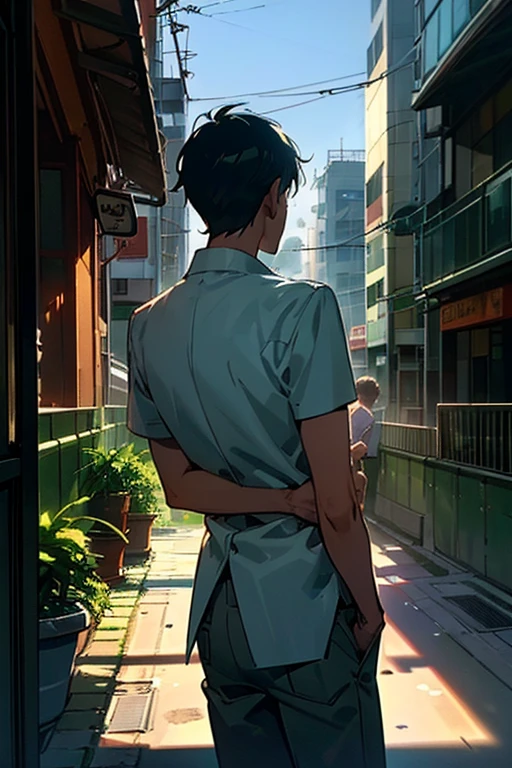 (best quality,ultra-detailed,realistic:1.37), humor,comic style,bold lines,high rise residential building, with wide angle lens, The room was bare, with no furniture or luggage, and the balcony had a balcony with silhouettes of buildings in the Shinjuku subcenter in the distance, and the afternoon sun was shining in through the windows. The room was bare, with no furniture or luggage, and the balcony had a balcony with silhouettes of buildings in the Shinjuku subcenter in the distance, and the afternoon sun was shining in through the windows. Two young men are smoking cigarettes and one is hugging the other from behind , humor,comic style,bold lines,Two young mens are smoking cigarettes and one is hugging the other from behind,modern gay romance, comic style,bold lines,playful colors,vibrant colors, soft lighting, depth of emotions, tender gazes, longing for connection, raw and honest, LGBTQ+ representation, urban setting, authentic expressions, compelling storytelling, dramatic composition,