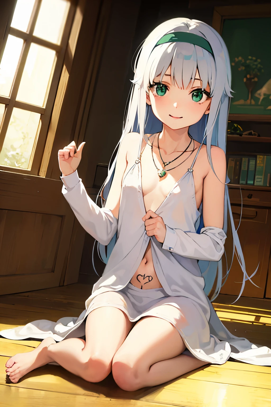 Long silver hair, green eyes, headband, necklace, flat chest, womb tattoo, beautiful thighs, smile, happy, inside house