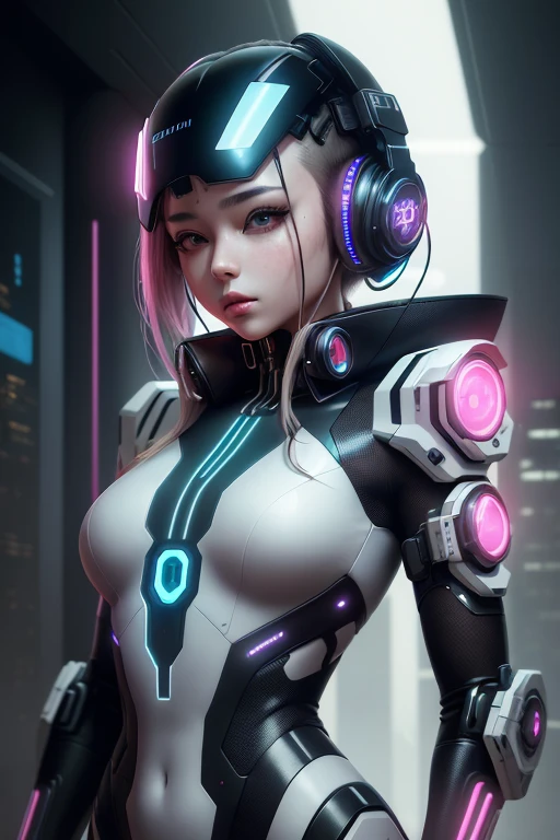 1girl, high quality face, a woman with headphones on her head, futuristic suit on her body, futuristic helmet, Ai-Mitsu, cyberpunk style, cyberpunk art, computer art, high quality, masterpiece, 8k