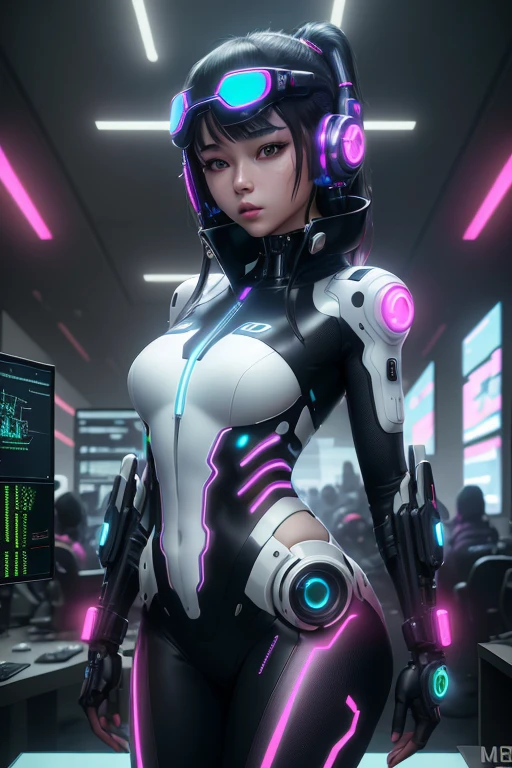 1girl, high quality face, a woman with headphones on her head, futuristic suit on her body, futuristic helmet, Ai-Mitsu, cyberpunk style, cyberpunk art, computer art, high quality, masterpiece, 8k