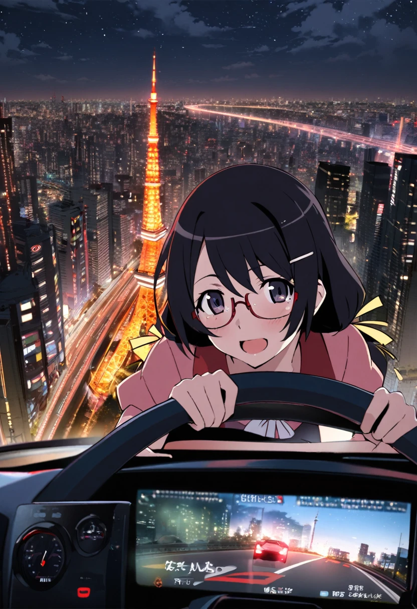 1girl, hanekawa tsubasa, monogatari (series), view from inside Lamborghini, driving on Tokyo Metropolitan Expressway, nighttime cityscape through windshield, steering wheel in foreground, hands gripping wheel, red-framed glasses reflection in rearview mirror, dashboard glow, GPS navigation display, dazzling city lights outside, neon signs blurring past, illuminated skyscrapers, other cars visible, Tokyo Tower in distance, moonlit sky peeking through sunroof, masterpiece, best quality, absurdres, immersive night driving perspective