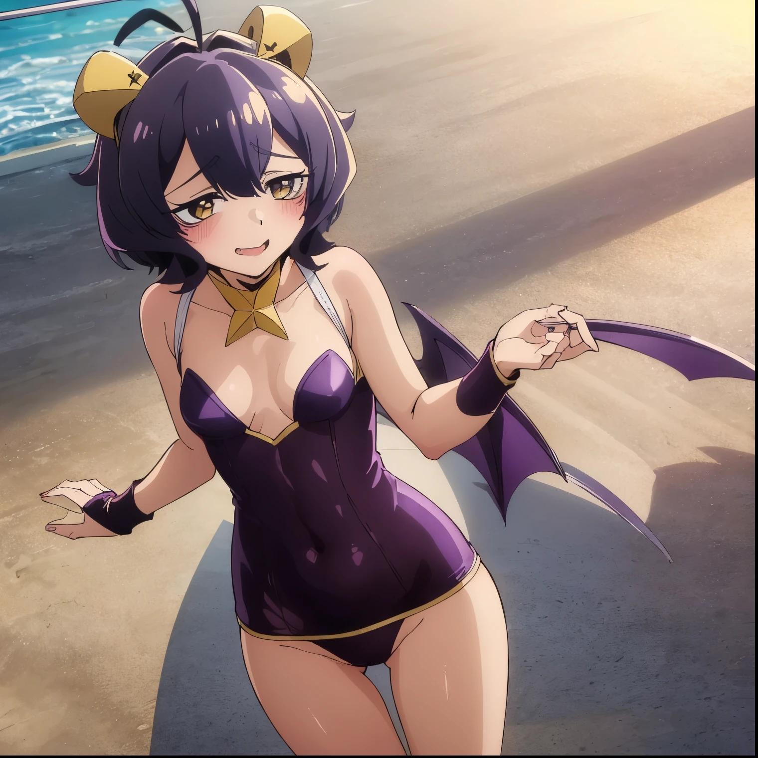 ((1girl)),((alone)), utena hiiragi,(masterpiece), (best quality), (ultra detailed), (best illustration), (best shadow), (absurdities), sharp focus, cowboy shot , dynamic posture looking at the viewer, small breasts, narrow waist, wide hips, wide thighs, round butt, erotic, romantic, (very detailed eyes, lips 1.1), very detailed eyes, eyes, Very detailed face, Very pretty face, height full, beautiful slim figure, femininity, expressive appearance, elastic small breasts, increased sexuality, short hair, purple hair, ahoge, yellow eyes,+.+, hair between the eyes, ((purple swimsuit)),((bikini) ),((cleavage)),((bare arms)), casual,((bare legs)), defined body, perfect and beautiful body, perfect and beautiful, smile, crazy smile, lips parted, fang, saliva, blush, hand on chest, (sexy pose: 1.2), ((solo)), standing: 1.3, outdoors, beach, sea, sunny, clear sky, clouds, looking forward, ((focus on thighs)) , point of view: (from the middle), red blush, perfect anatomy, perfect hands.
