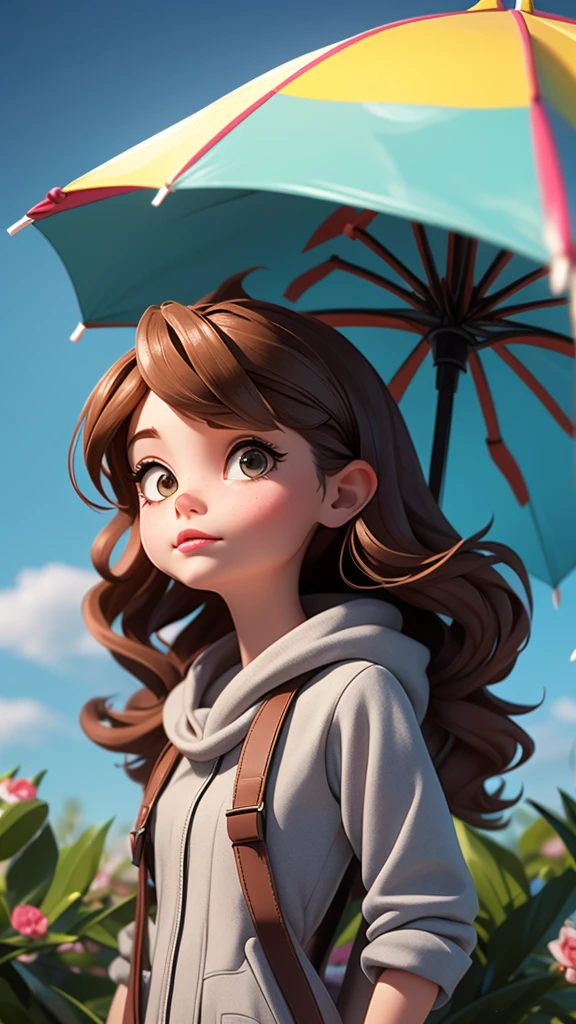 a woman looking off into the distance with an umbrella over her head, 1girl, solo, long hair, outdoors, brown hair, grey sky