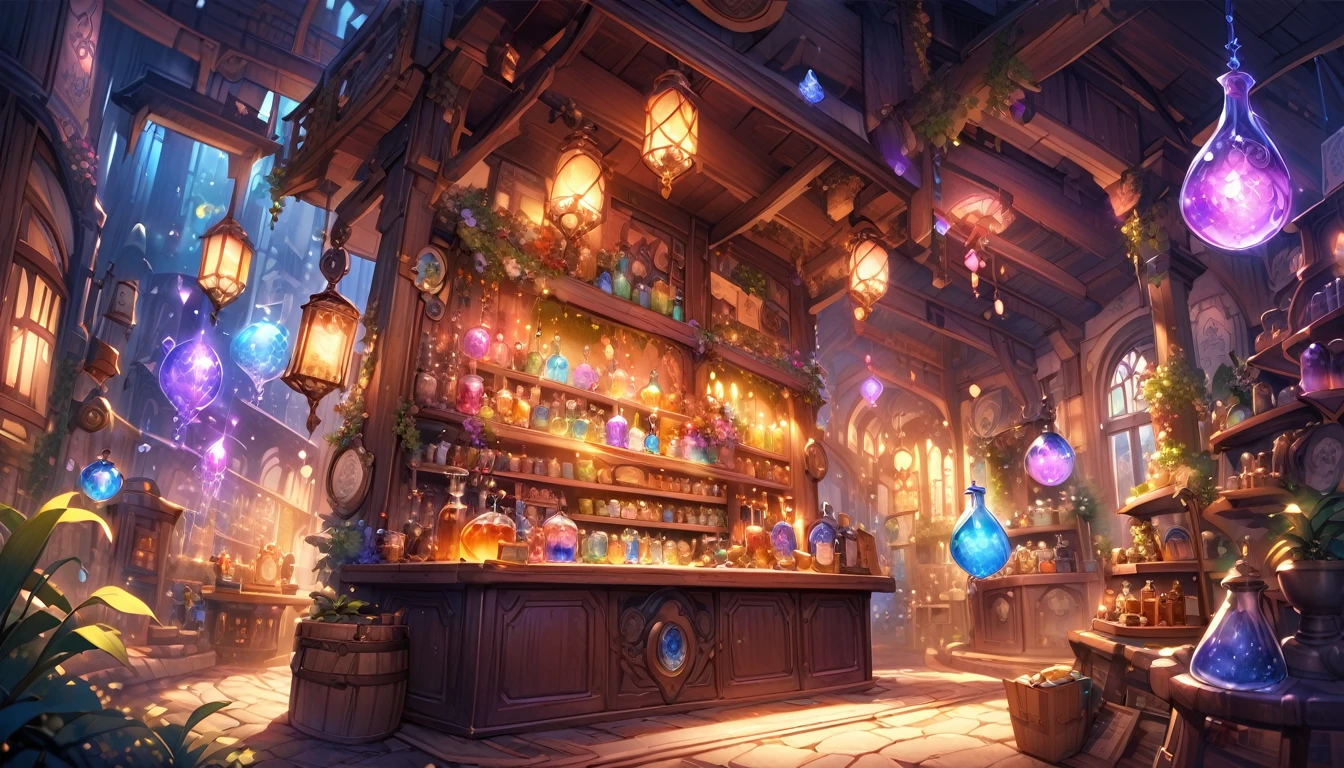 Magic Potion Shop、A large flask filled with magical liquid、magic object、Mysterious atmosphere、Warm lighting、Detailed fantasy art、Very detailed、Bright colors、Fantasy setting、Whimsical and fantastical。