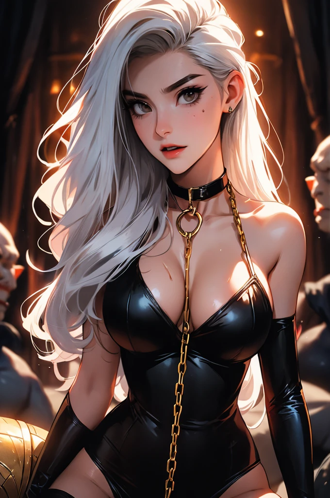 (lifelike, high - resolution:1.3), 1 girl with a perfect body,slender body, Super fine face and eyes,assasin, dark makeup, shiny skin,white hair, (surrounded by monster, orc), demons, beautiful captured girl, horror, dark, sexy, rough, , bdsm, golden chains, (golden leash), collar, beautiful bodies, slim, horror style, highly detailed faces, red silk underware, stockings, leather tight boots, closeup, ((orc groping girl, gangbang)), ((covered in cum))