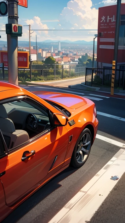 ((best quality)), ((masterpiece)), (detailed), view from hill looking trought city, sky as the background, background, city as backround, no character, scenery. alot of cars, traffic, road, ground perspective, looking at the back of a red racing car, in the middle as a vocal point. mood, vibe, afternoon, happy, warm tone. wide road, very wide road.