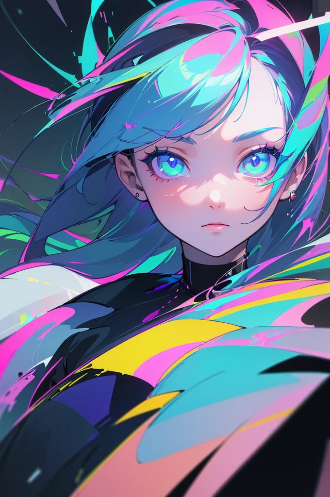 (front focus),(in the dark:1.6),, (masterpiece, Highest quality, Highest, official art, beautiful and aesthetic:1.2),(masterpiece, Highest quality, Highest quality, official art, beautiful and aesthetic:1.2),(masterpiece, Highest quality, Highest quality, official art, beautiful and aesthetic:1.2), 1 girl, glitch art, (digital distortion), pixelated fragment, Data corruption,colorful noise, visual chaos,modern aesthetics