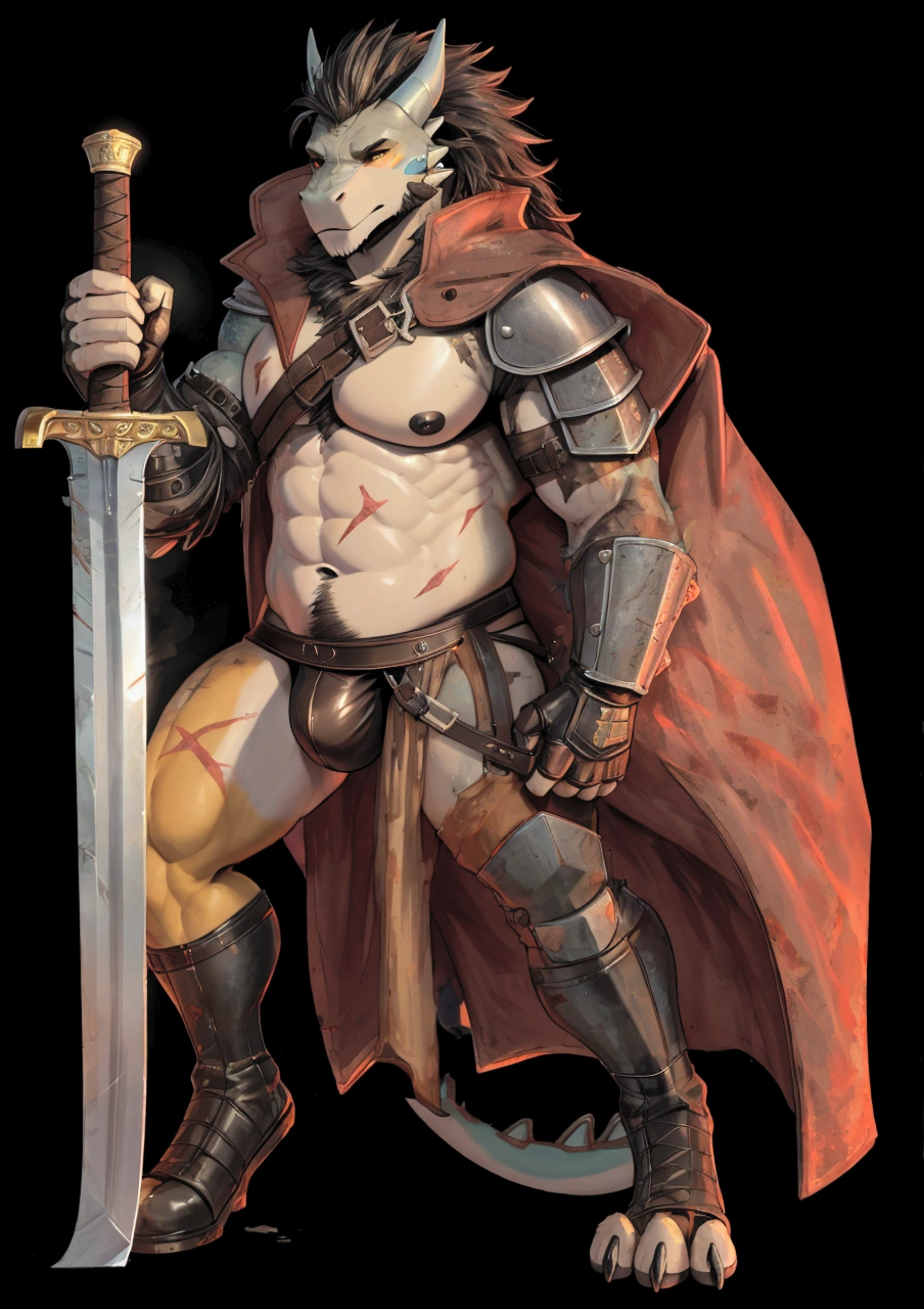 Solo Sexy young anthro scalie reptile dragon male mercenary medieval solider, tall and slim slimin hips muscular, anthro handsome gay shorter muzzle, handsome gay model male apperance, sword scars, worn out leather skimpy armament, low on hips heavy leather belt, old very worn out skimpy dirty linen material jockstrap, old yellow dirty worn out stains on white sawn jockstrap, very visible "x" brown seam pattern on the jockstrap, studded skimpy armlets breastplate armor, skimpy breastplate, leather bondages, fingerless leather gloves, blooded sword, blooded armor, blooded husk, smelly unwashed husk, dirty body look, 8k, proffesionl digital anthro drawing