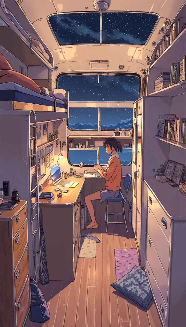 ((anime:1.4,illustration)),(masterpiece, top quality, best quality),(ultra-detailed, absolutely resolution),((16k, high res)). BREAK {lofi art, style of Laurie Greasley, style of Makoto Shinkai, anime aesthetic} BREAK {illustration of a man and a woman living inside a converted bus. The interior should be cozy and detailed, featuring bunk beds. The woman is on the upper bunk with a small window showing a night sky view, while the man is on the lower bunk with a desk, computer, and personal items. Include shelves, storage spaces, and scattered personal belongings throughout the bus, giving it a lived-in feel. The atmosphere should be warm and intimate, highlighting the unique and compact living environment inside the bus.}