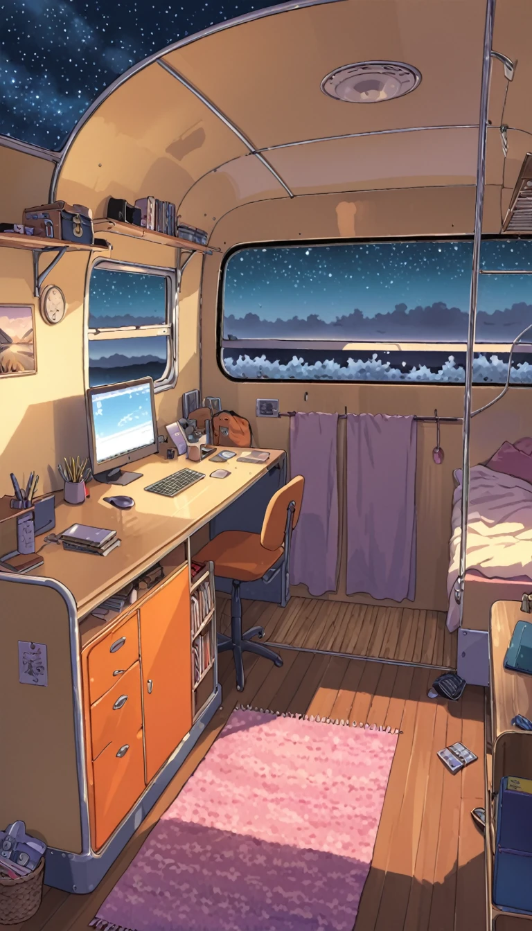 ((anime:1.4,illustration)),(masterpiece, top quality, best quality),(ultra-detailed, absolutely resolution),((16k, high res)). BREAK {lofi art, style of Laurie Greasley, style of Makoto Shinkai, anime aesthetic} BREAK {illustration of a man and a woman living inside a converted bus. The interior should be cozy and detailed, featuring bunk beds. The woman is on the upper bunk with a small window showing a night sky view, while the man is on the lower bunk with a desk, computer, and personal items. Include shelves, storage spaces, and scattered personal belongings throughout the bus, giving it a lived-in feel. The atmosphere should be warm and intimate, highlighting the unique and compact living environment inside the bus.}