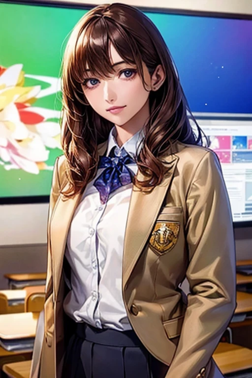 ((Highest quality)),(超High resolution),(Very detailed),(Detailed Description),((The best CG)),(masterpiece),Ultra-detailed art、(Highest quality、8k、32K、masterpiece)、(Realistic)、(Realistic:1.2)、(High resolution)、Very detailed、Very beautiful face and eyes、1 female、((High school girls:1.3))、Tight waist、Delicate body、(Highest quality、Attention to detail、Rich skin detail)、(Highest quality、8k、Oil paints:1.2)、Very detailed、(Realistic、Realistic:1.37)、Bright coloronotone tight-fitting blazer、Metallic buttons and school emblem on left chest。Below is the、A clean white shirt with hidden buttons、The collar and cuffs have thin lines。A tight-fitting straight pants skirt、It has the same simple stripes as the blazer.、The shoes are black sneakers、silver accents))。(School color tie、I have a lightweight, multi-functional backpack with reflectors.)。((In the background is a classroom with advanced digital screens.:1.3))。"