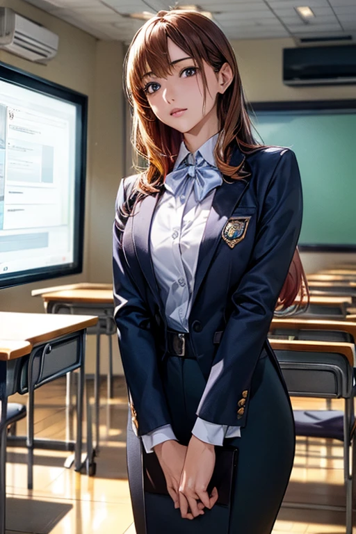 ((Highest quality)),(超High resolution),(Very detailed),(Detailed Description),((The best CG)),(masterpiece),Ultra-detailed art、(Highest quality、8k、32K、masterpiece)、(Realistic)、(Realistic:1.2)、(High resolution)、Very detailed、Very beautiful face and eyes、1 female、((High school girls:1.3))、Tight waist、Delicate body、(Highest quality、Attention to detail、Rich skin detail)、(Highest quality、8k、Oil paints:1.2)、Very detailed、(Realistic、Realistic:1.37)、Bright coloronotone tight-fitting blazer、Metallic buttons and school emblem on left chest。Below is the、A clean white shirt with hidden buttons、The collar and cuffs have thin lines。A tight-fitting straight pants skirt、It has the same simple stripes as the blazer.、The shoes are black sneakers、silver accents))。(School color tie、I have a lightweight, multi-functional backpack with reflectors.)。((In the background is a classroom with advanced digital screens.:1.3))。"