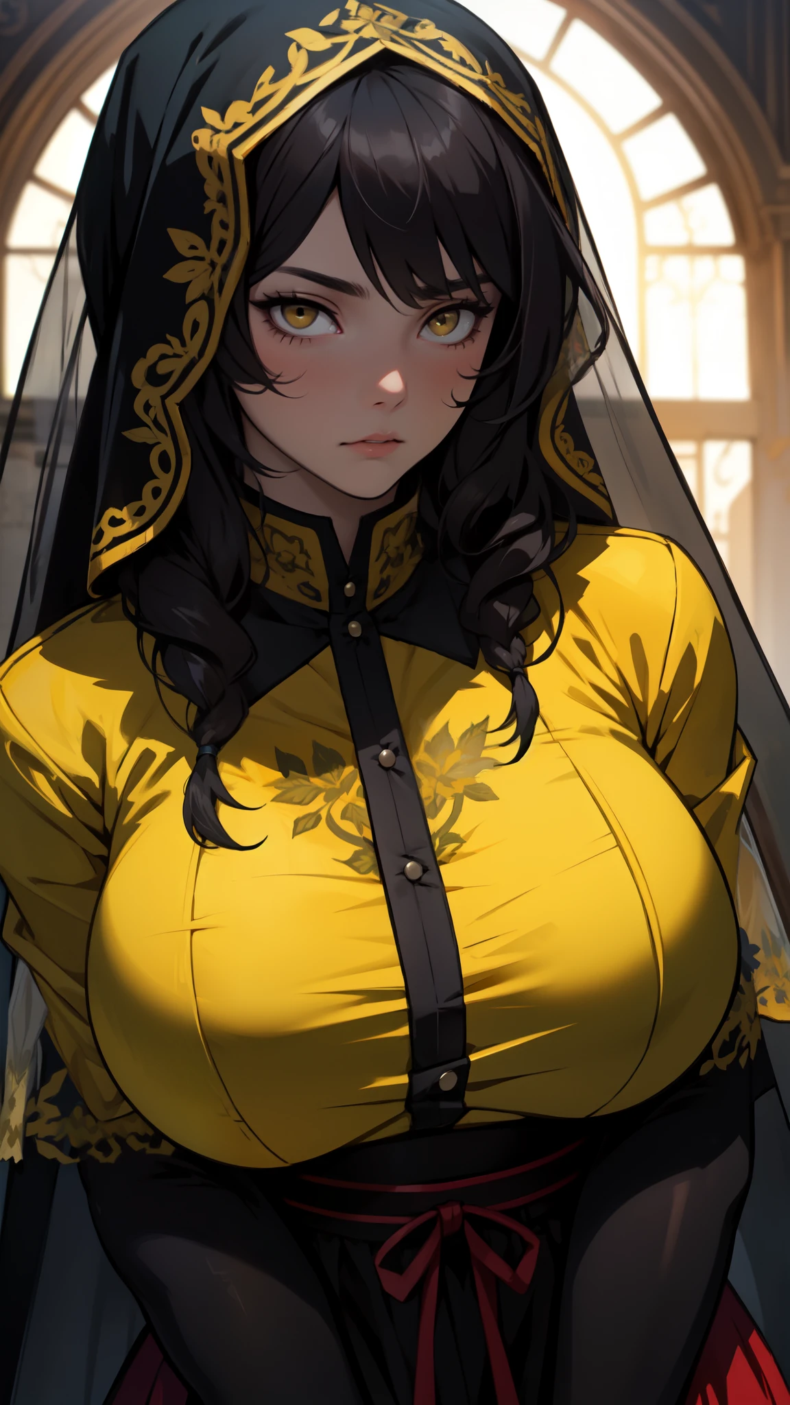 sad girl dark atmosphere dark atmosphere veil black hair yellow eyes pale skin muscular girl huge breasts traditional clothes lace fabric gloomy veil