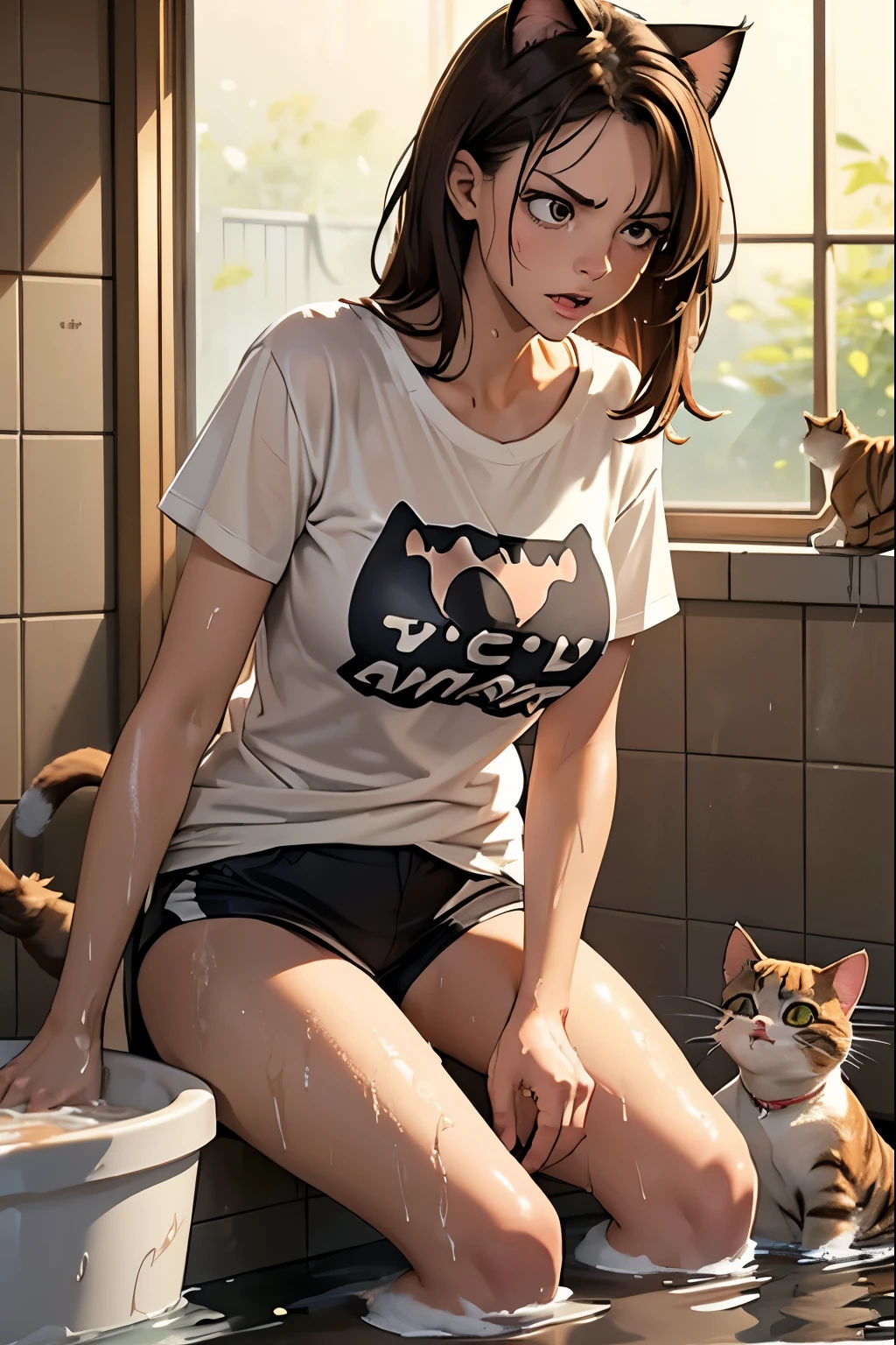 Characters: (Woman1, Cat1), Woman1: Brown Hair, Large Breasts, Shorts and Tshirt, Wet Tshirt, See Through Tshirt, Woman1 ((Giving a Cat a Bath)), Woman1 (Scratches on arms and Legs), (Cat1: Angry, Hissing, Scratching)