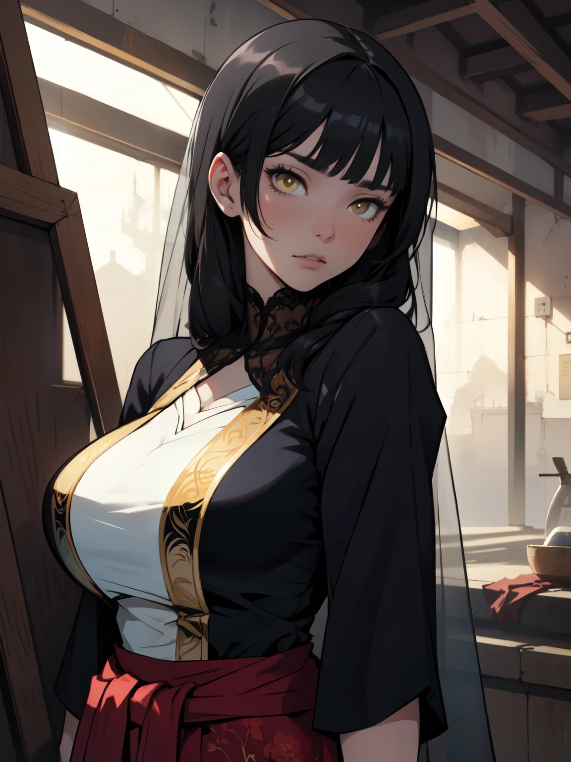 sad girl dark atmosphere veil black hair yellow eyes pale skin muscular girl huge breasts traditional clothes lace fabric gloomy veil 