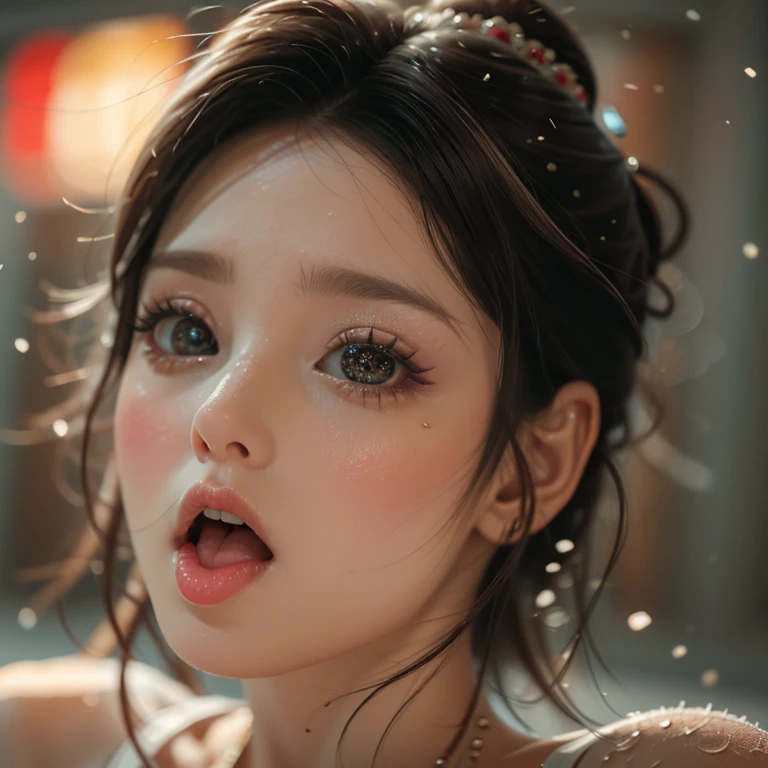ExtremelyDetailed Kawaii girl Face,(Close-up big lips), glossy lips with beautiful details, Coquettish tongue, Kissing to camera, towards the viewer, 8K TopQuality masterpiece,an extremely delicate and beautiful (ProfessionalPhoto:1.37), {Amazing|finely detail|official art|incredibly absurdres},ultra-detailed close-up shot, close up, (fish eye lens), wide lens, macro lens, Detailed reflective Eyes ElaboratePupils with (sparkling highlights:1.28) (Delicate Voluminous LongEyelashes:0.88), {Tilted face|Visible back of throat|(saliva drips:0.8)|naked shoulder}, (Dripping juice on tongue:1.28) snow particles
