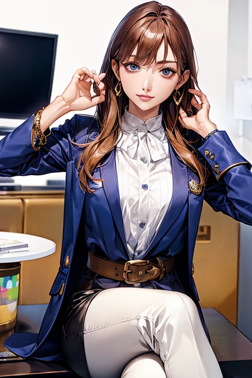 ((Highest quality)),(超High resolution),(Very detailed),(Detailed Description),((The best CG)),(masterpiece),Ultra-detailed art、(Highest quality、8k、32K、masterpiece)、(Realistic)、(Realistic:1.2)、(High resolution)、Very detailed、Very beautiful face and eyes、1 female、((OL:1.3))、Tight waist、Delicate body、(Highest quality、Attention to detail、Rich skin detail)、(Highest quality、8k、Oil paints:1.2)、Very detailed、(Realistic、Realistic:1.37)、Bright colors、"((Wearing a black tight fitting jacket。The jacket features metallic buttons and subtle details on the shoulders and cuffs.、Slim and elegant design with multiple interior pockets。Below is the、She is wearing a pastel colored blouse。He is wearing tapered pants in a color that matches his jacket.。The shoes are navy flats.))。(A simple and elegant metallic buckle belt、She accessorizes with modest jewelry and watches.)、((In the background is a neat and professional office environment:1.3))。"