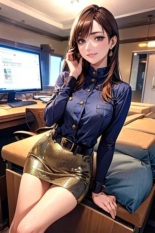 ((Highest quality)),(超High resolution),(Very detailed),(Detailed Description),((The best CG)),(masterpiece),Ultra-detailed art、(Highest quality、8k、32K、masterpiece)、(Realistic)、(Realistic:1.2)、(High resolution)、Very detailed、Very beautiful face and eyes、1 female、((OL:1.3))、Tight waist、Delicate body、(Highest quality、Attention to detail、Rich skin detail)、(Highest quality、8k、Oil paints:1.2)、Very detailed、(Realistic、Realistic:1.37)、Bright colors、"((Wearing a black tight fitting jacket。The jacket features metallic buttons and subtle details on the shoulders and cuffs.、Slim and elegant design with multiple interior pockets。Below is the、She is wearing a pastel colored blouse。He is wearing tapered pants in a color that matches his jacket.。The shoes are navy flats.))。(A simple and elegant metallic buckle belt、She accessorizes with modest jewelry and watches.)、((In the background is a neat and professional office environment:1.3))。"