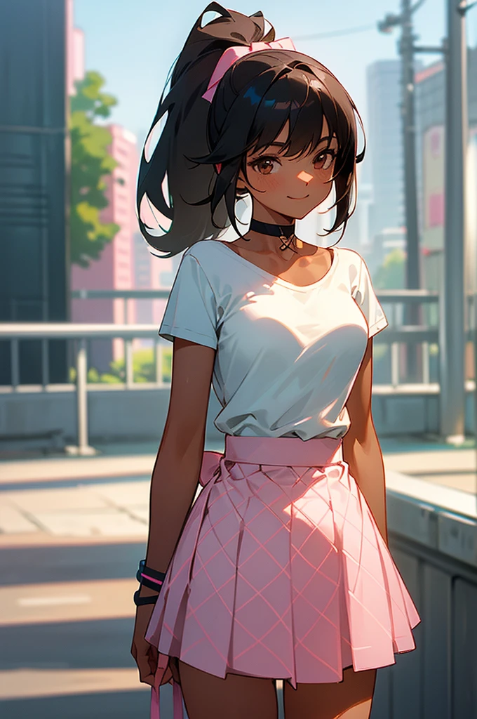 (cowboy shot), (ultra-high resolution, depth of field:1.2), 1woman, medium breasts, (tan skin:1.4), brown eyes, (long straight black hair), ponytail, bangs, (white casual shirt:1.2), light blue choker, light blue bow, (pink skirt), (fishnets), tight strap, gentle smile, urban scenery