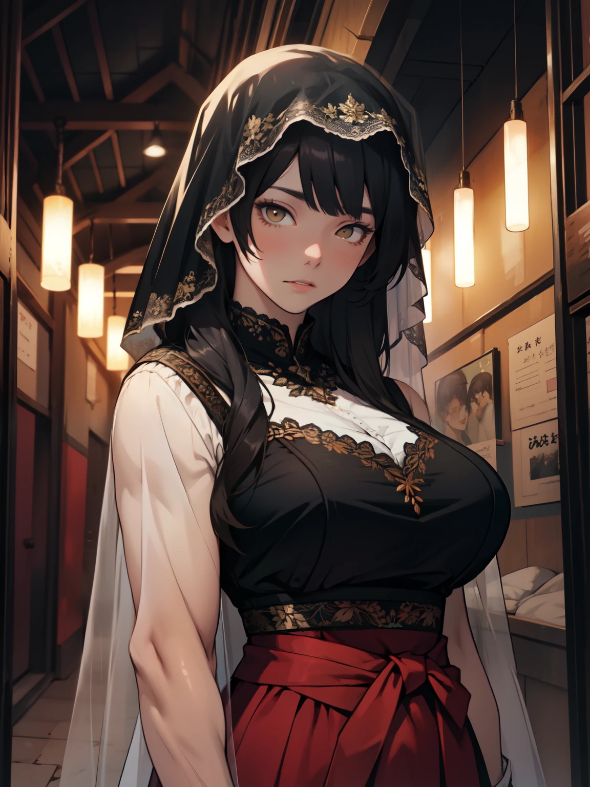 sad girl dark atmosphere veil black hair yellow eyes pale skin muscular girl huge breasts traditional clothes lace fabric gloomy veil 