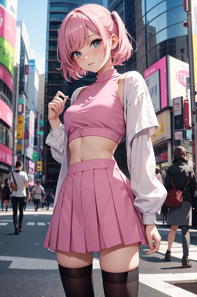 1 pretty woman, short pink hair with pigtails, small waist, skinny, small crop top, cotton skirt, young city, Shibuya,PH Momo, momohd, phmomo, , black thighhighs, BREAK surrounded by guys