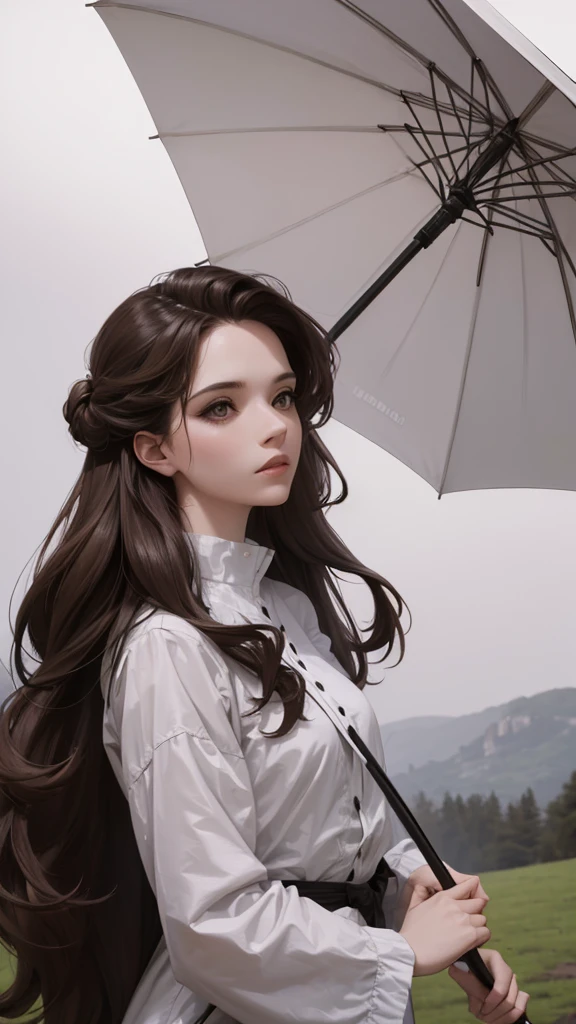 a woman looking off into the distance with an umbrella over her head, 1girl, solo, long hair, outdoors, brown hair, grey sky