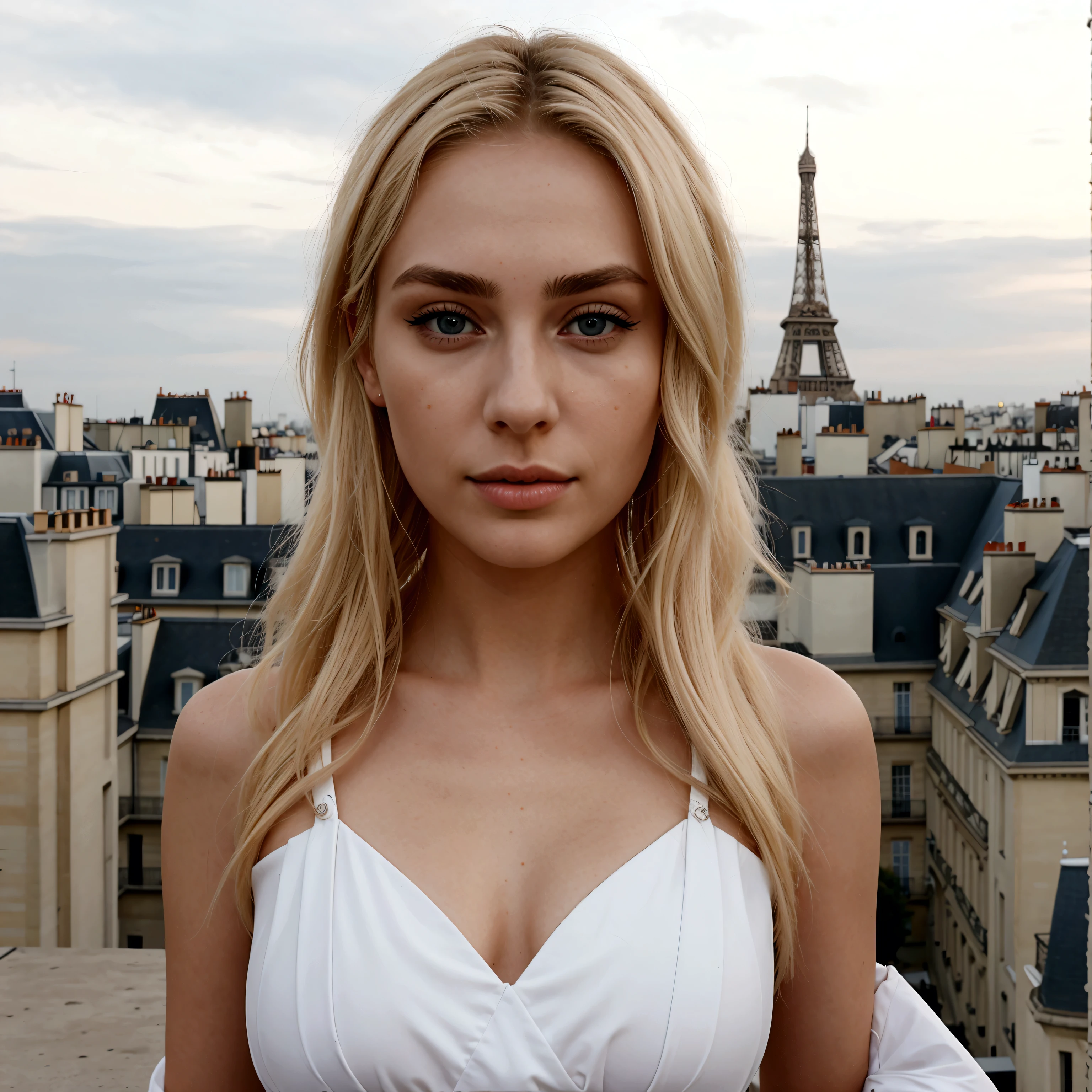Femme blonde de 24 ans, Poil long, des sourcils symétriques avec de belles lèvres et un visage mince sur un toit parisien en train de jouer au football