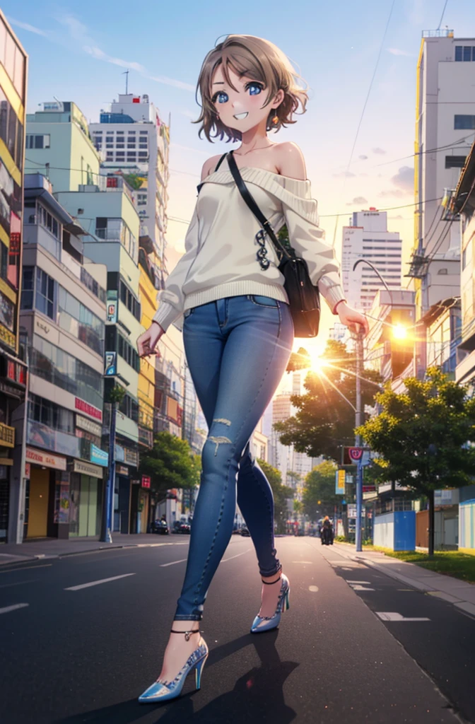 Yo Watanabe, Watanabe Yo, short hair, blue eyes, Brown Hair, smile, Grin,One-shoulder sweater,Skinny jeans,Stiletto heels,Walking,morning,morning陽,The sun is rising,So that the whole body goes into the illustration,
Destroy outdoors, Destroying a city of buildings, looking at viewer, (Cowboy lll Destroy (masterpiece:1.2), Highest quality, High resolution, unity 8k wallpaper, (figure:0.8), (Beautiful attention to detail:1.6), Highly detailed face, Perfect lighting, Highly detailed CG, (Perfect hands, Perfect Anatomy),