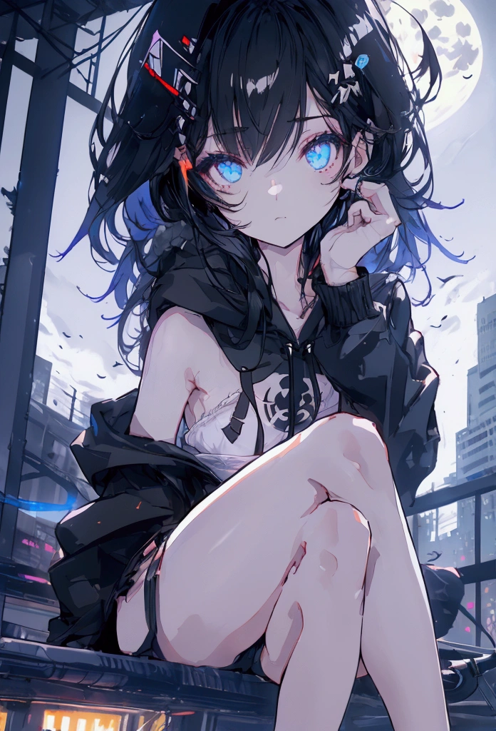 Using a laptop、Beautiful Face、Beautiful legs、Black Hair、full moon,neon.hoodie,Sitting、IT Engineer、Building district、Landscape、rooftop,`Dangling legs、Shibuya