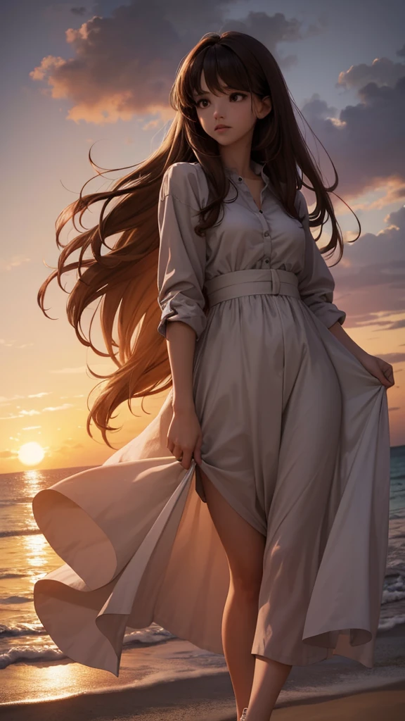 a young woman stands on the beach watching the sunset under the dark sky, 1girl, solo, long hair, outdoors, brown hair, grey sky