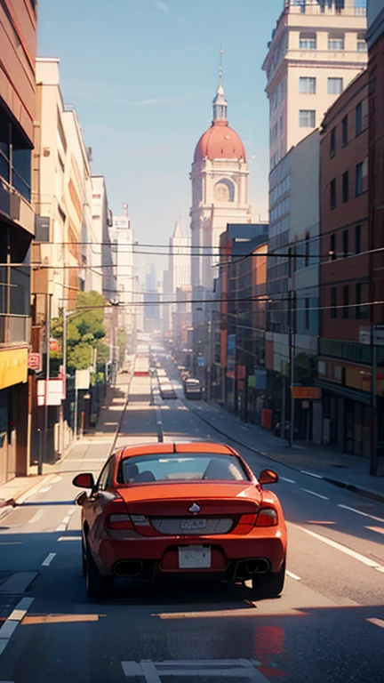 ((best quality)), ((masterpiece)), (detailed), view from hill looking trought city, sky as the background, background, city as backround, no character, scenery. alot of cars, traffic, road, ground perspective, looking at the back of a red racing car, in the middle as a vocal point. mood, vibe, afternoon, happy, warm tone. wide road, very wide road.