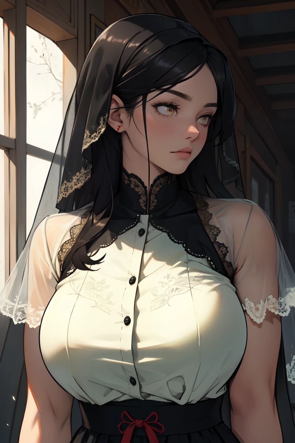 sad girl dark atmosphere veil black hair yellow eyes pale skin muscular girl huge breasts traditional clothes lace fabric gloomy veil