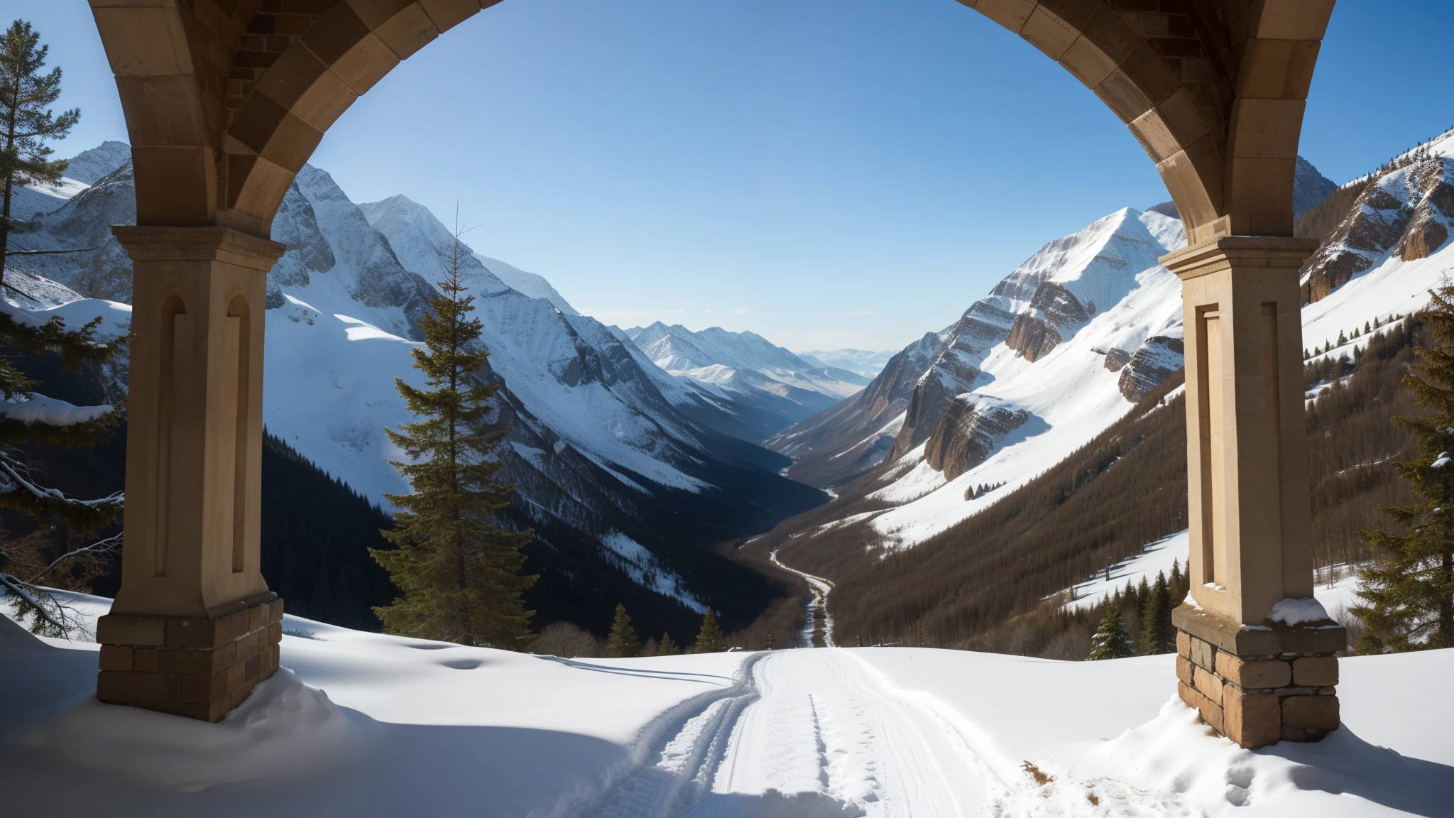 Snowy archway in a mountain valley,